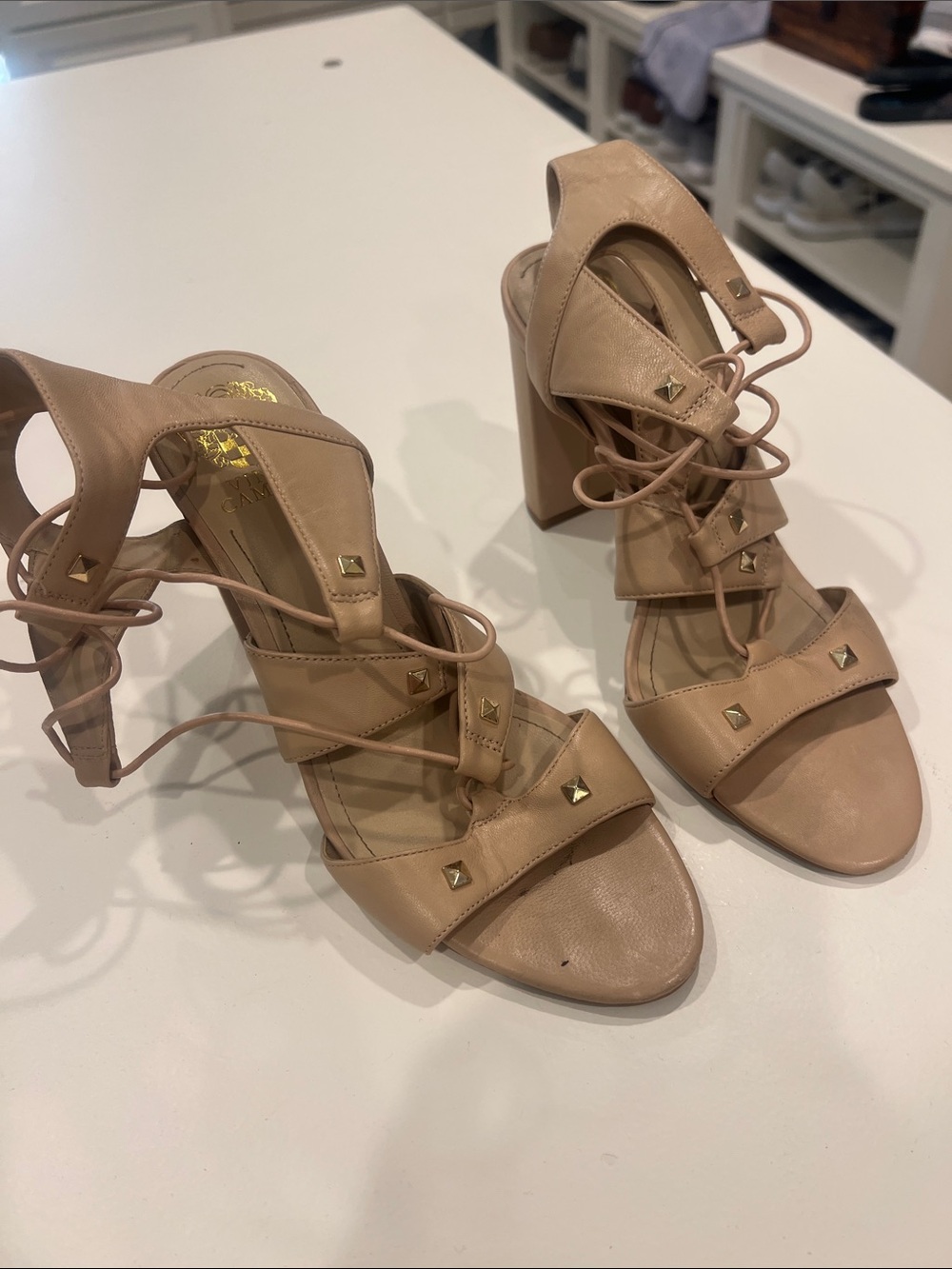 Vince Camuto Nude Lace-Up Block Heel Sandals with Gold Studs